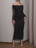 Plataz Sleeves Skinny Pleated See-Through Sequined Solid Color Split-Back Split-Joint Tube Evening HZ1007