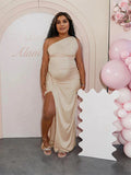 Plataz Apricot One Shoulder Backless Satin Side Slit Party Gown Baby Shower Maternity Maxi Dress Maternity