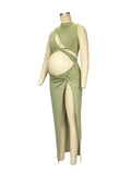 Plataz Olive Cut Out Irregular Split Ruffle Side Slit Bodycon Chic Photoshoot Maternity Maxi Dress Maternity