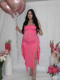 Plataz Rose Carmine Ruffle Slit Bodycon Fashion Party Photoshoot Babyshower Maternity Midi Dress Maternity