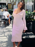Plataz Pink Knit Falbala Ruffle Hem Single Breasted Flare Sleeve Bodycon Elegant Hoing Out Maternity Babyshower Maxi Sweater Dress Maternity