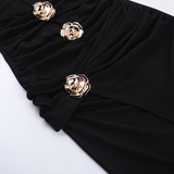 Elegant Black Halter-neck Rose Metal Button Prom Dress Sheath Evening Gown Party Dress Trailing Long Formal Dress HZ1024