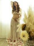 Plataz Two Piece Boho Flower Printing Off Shoulder Chiffon Crop Bandeau Photoshoot Maternity Maxi Dress Maternity