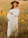 Plataz White Ruffle Ruched High Waist Puff Sleeve Cute Photoshoot Maternity Maxi Dress Maternity