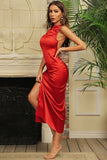 Plataz Satin Ruched High Slit Backless Midi Evening Dress - HZ1007
