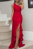 Plataz Solid Flounce Slit One Shoulder Evening Dress Dresses(8 HZ1007