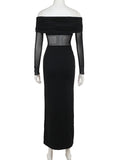 Plataz Sleeves Skinny Pleated See-Through Solid Color Split-Joint Off-The-Shoulder Evening Dresses Maxi HZ1007
