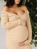 Plataz Apricot Off Shoulder Boat Neck Elegant Long Sleeve Baby Shower Maternity Photoshoot Sweater Dress Maternity