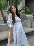 Plataz White Off Shoulder Ruffle Shirred Boat Neck Puff Sleeve Bow Bohemian Ivory Maternity Photoshoot Dress Maternity