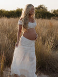 Plataz White 2-in-1 Lace Cut Out Off Shoulder Tie Elegant Flowy Vacation Photoshoot Maternity Maxi Dress Maternity