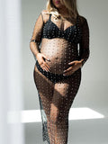 Plataz Mesh Solid Color Beading Pearl Rhinestone Long Sleeve Cover-ups Side Slit Photoshoot Maternity Maxi Dress Maternity