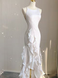 Plataz Mermaid Scoop Satin Night Party Dress White Long Prom Dresses SD1524 HZ0628