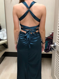 Plataz Formal Dress Womens Teal Strappy-back Satin Sleeveless Evening Dress HZ1007