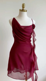 Vintage Burgundy Sheath Chiffon Homecoming Dress Party Dress Short Cocktail Dress HZ1024
