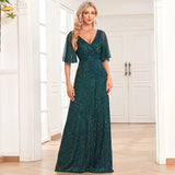 Plataz See Through Sleeve Pairs V Neck Pleated A Large Swing Evening Dress Wedding Sequined Mop HZ1007