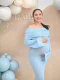 Plataz Blue Knit Ruched Off Shoulder Flare Sleeve Bodycon Elegant Cocktail Party Gown Maternity Photoshoot Baby Shower Maxi Dress Maternity
