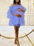 Plataz Purple Grenadine Tulle Off Shoulder Ruffle Flare Sleeve Baby Shower Photoshoot Maternity Dress Maternity