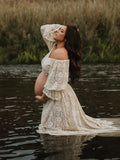 Plataz Boho Lace Off Shoulder Lace Tassel Crop 2-in-1 Side Slit Ruffle Photoshoot Maternity Maxi Dress Maternity