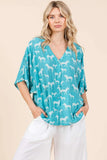 Plataz Zebra Print V-Neck Button Down Dolman Sleeve Top DJPT
