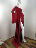 Plataz Solid Off Shoulder V-neck Slit Flare Sleeve Party Long Train Gown Maternity Photoshoot Maxi Dress Maternity