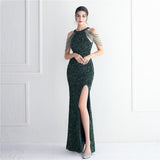 Plataz Industry Micro Glass Bead Craft Beaded Cocktail Evening Dress Elegant Long Halter Split HZ1007