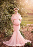 Plataz Women's Lace Pregnant Women Tailing Short-Sleeved Dress Photo Flying Sleeve Dress 1862 Maternity