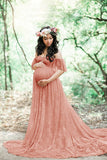 Plataz Women's Lace Pregnant Women Tailing Short-Sleeved Dress Photography Flying Sleeve Dress 8919 (Plus New Color) Maternity