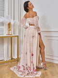 Plataz Two Piece Boho Flower Printing Off Shoulder Chiffon Crop Bandeau Photoshoot Maternity Maxi Dress Maternity