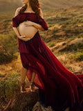 Plataz Solid Color Bohemian Off Shoulder Backless Ruffle 2 piece set Photoshoot Maternity Maxi Dress Maternity