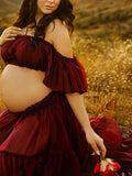 Plataz Solid Color Bohemian Off Shoulder Backless Ruffle 2 piece set Photoshoot Maternity Maxi Dress Maternity