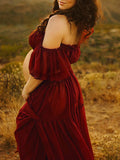 Plataz Solid Color Bohemian Off Shoulder Backless Ruffle 2 piece set Photoshoot Maternity Maxi Dress Maternity