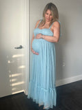 Plataz Solid Color Tulle Spaghetti Strap Backless Ruffle Lace-up Grenadine Photoshoot Gown Baby Shower Maternity Maxi Dress Maternity