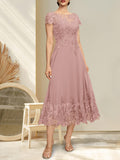 Plataz Illusion Scoop Tea-Length Lace Chiffon Mother of the Bride Dress With HZ1007