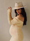 Plataz Apricot Off Shoulder Boat Neck Elegant Long Sleeve Baby Shower Maternity Photoshoot Sweater Dress Maternity