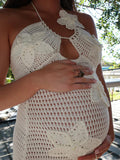 Plataz Crochet Hollow Out 3D Flowes Cut Out Halter Neck Cami Bodycon Elegant Baby Moon Beach Maternity Photoshoot Baby Shower Maxi Dress Maternity