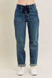 Plataz Blue Full Size HW Vintage Wash Jeans w/ Drawstring Plus Size DJPT