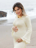 Plataz White Knit Pleated Tie Back Ruffle Falbala Frill Hem Backless Big Swing Elegant Cocktail Party Gown Maternity Photoshoot Baby Shower Maxi Dress Maternity