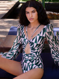 Plataz Clustered Swimsuit Women's Print Bikini Long-Sleeved Swimsuit Hot Lady Swimsuit DJPT