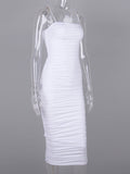 Plataz White Spaghetti Strap Bandeau Backless Ruffle Bodycon Cute Baby Shower Maternity Midi Dress Maternity