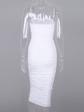 Plataz White Spaghetti Strap Bandeau Backless Ruffle Bodycon Cute Baby Shower Maternity Midi Dress Maternity