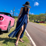 Plataz Seaside Resort Beach Dress 2025 New Skinny Back Hanging Neck Dress Red Open Fork Dress Fairy