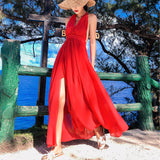 Plataz Seaside Resort Beach Dress 2025 New Skinny Back Hanging Neck Dress Red Open Fork Dress Fairy