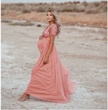 Plataz Women's Sequining Netɴ Pregnant Women's Flying Solid Color Dress Short Sleeve Round Collar Photo Dress 1944 Maternity