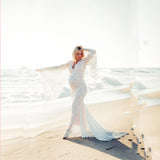 Plataz White Sexy Deep V Collar Horn Sleeve Lace Perspective Tight Tail Dress 1943 Maternity