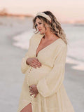 Plataz Ivory White Single Breasted Open Front Big Swing Deep V-neck Robe Elegant Wedding Gown Maternity Boho Photoshoot Baby Shower Maxi Dress Maternity