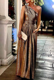 Plataz Elegant Solid Bronzing Sequined Oblique Collar Evening Dress HZ1007