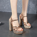 Plataz The Sky High Night Club Women's Shoes Spring New Ultra-High Heel Waterproof Champagne-Colored Lady Coarse Heel Sandals High Quality Shoes