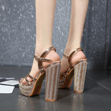 Plataz The Sky High Night Club Women's Shoes Spring New Ultra-High Heel Waterproof Champagne-Colored Lady Coarse Heel Sandals High Quality Shoes