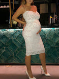 Plataz White Lace Spaghetti Strap Backless V-Neck Elegant Babyshower Party Maternity Midi Dress Maternity