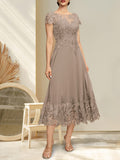 Plataz Illusion Scoop Tea-Length Lace Chiffon Mother of the Bride Dress With HZ1007